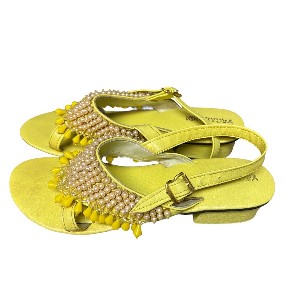 Vintage 1960s 1970s Vagabonds Pearl Beaded Satin Ball Sandal Heel Shoes Yellow 6 - Picture 2 of 6